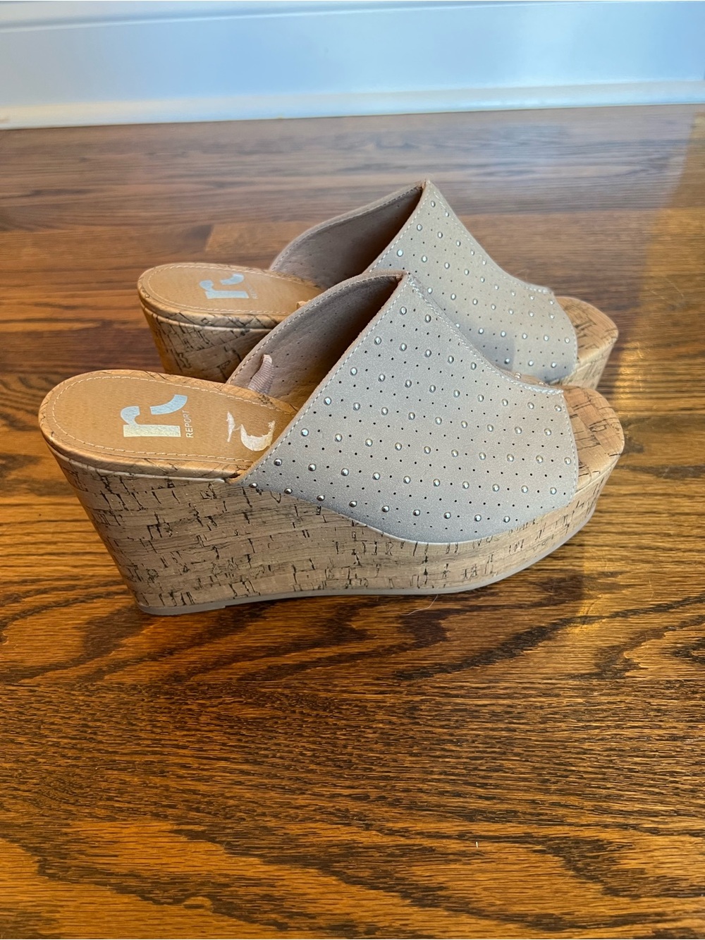 Report Beige Studded Cork Wedge Slides